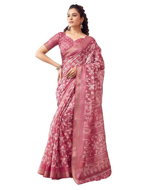 Siril Women'S Cotton Printed Zari Stripe Saree With Unstitched Blouse Piece